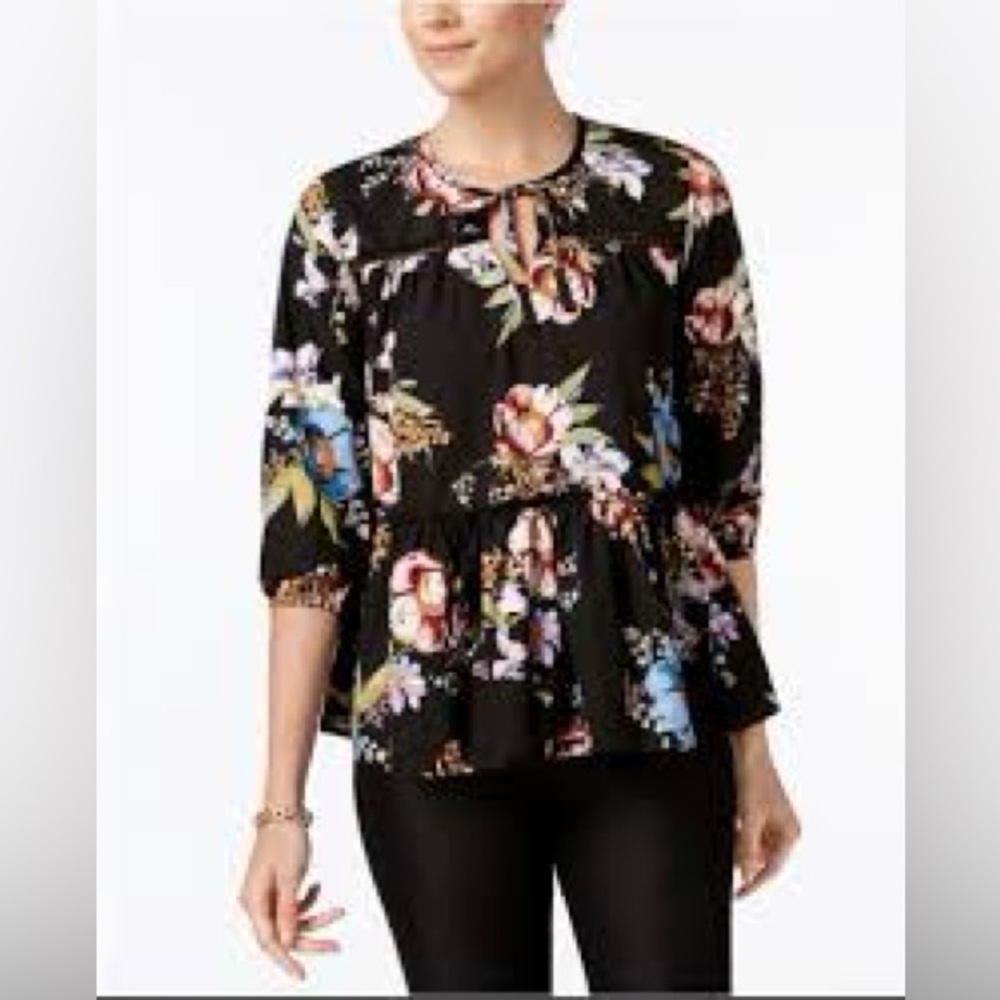 CHELSEA & THEODORE Black Floral Tiered Peasant Blouse Top XL Long Sleeve Tie‎